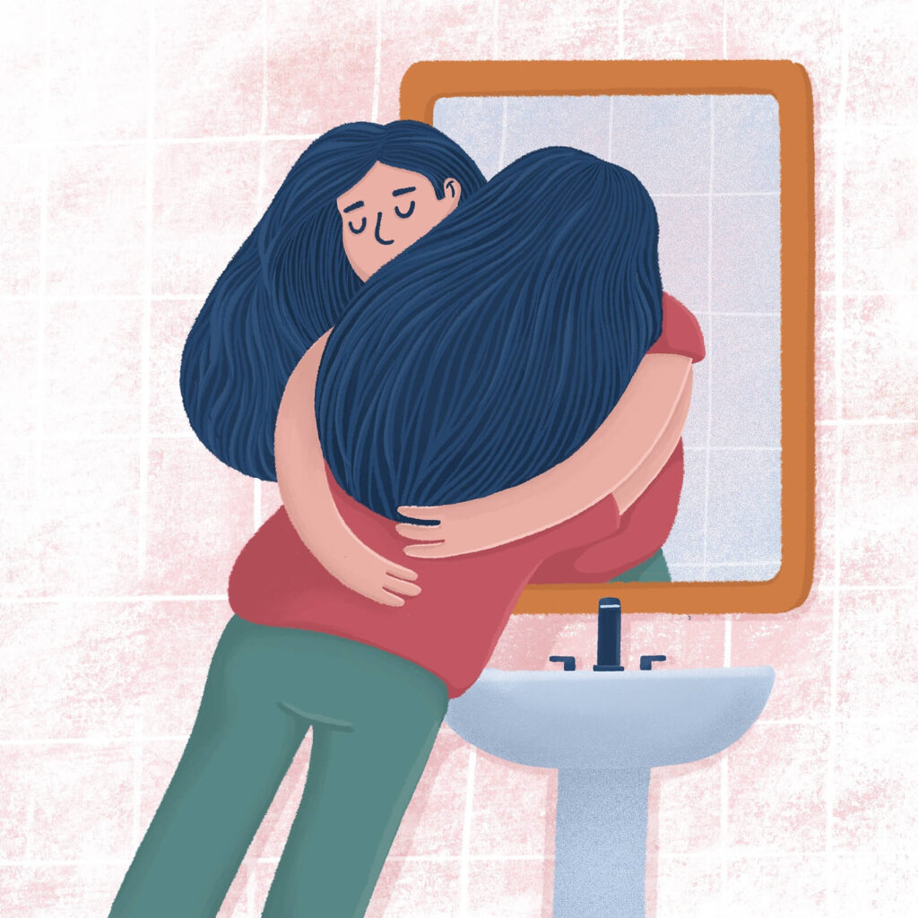 Image of a cartoon woman looking in a mirror hugging herself. This image represents how self-compassion can help alleviate anxiety symptoms and heal. Find more support with anxiety therapy in Manhattan Beach, CA.